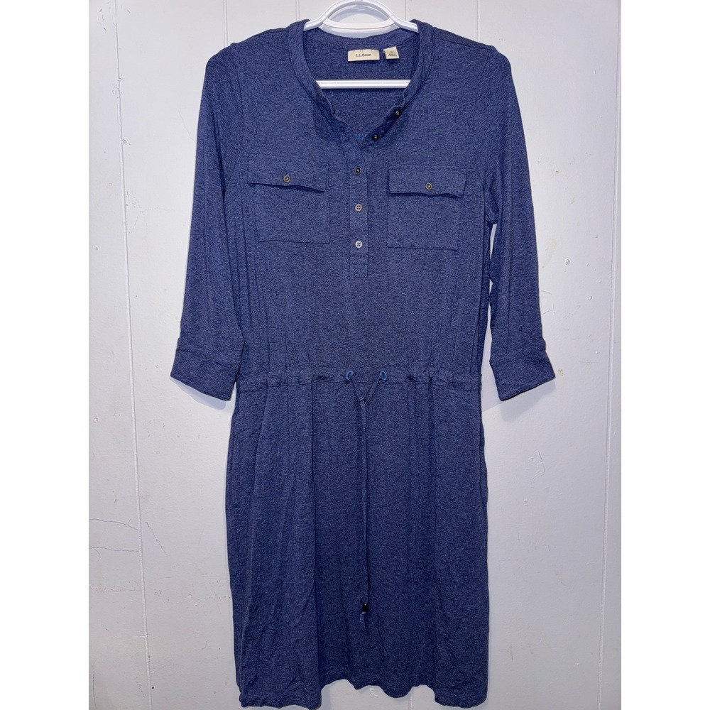 LL Bean Womens Blue Heathered Knit Henley Drawstring Waist Dress S 292580